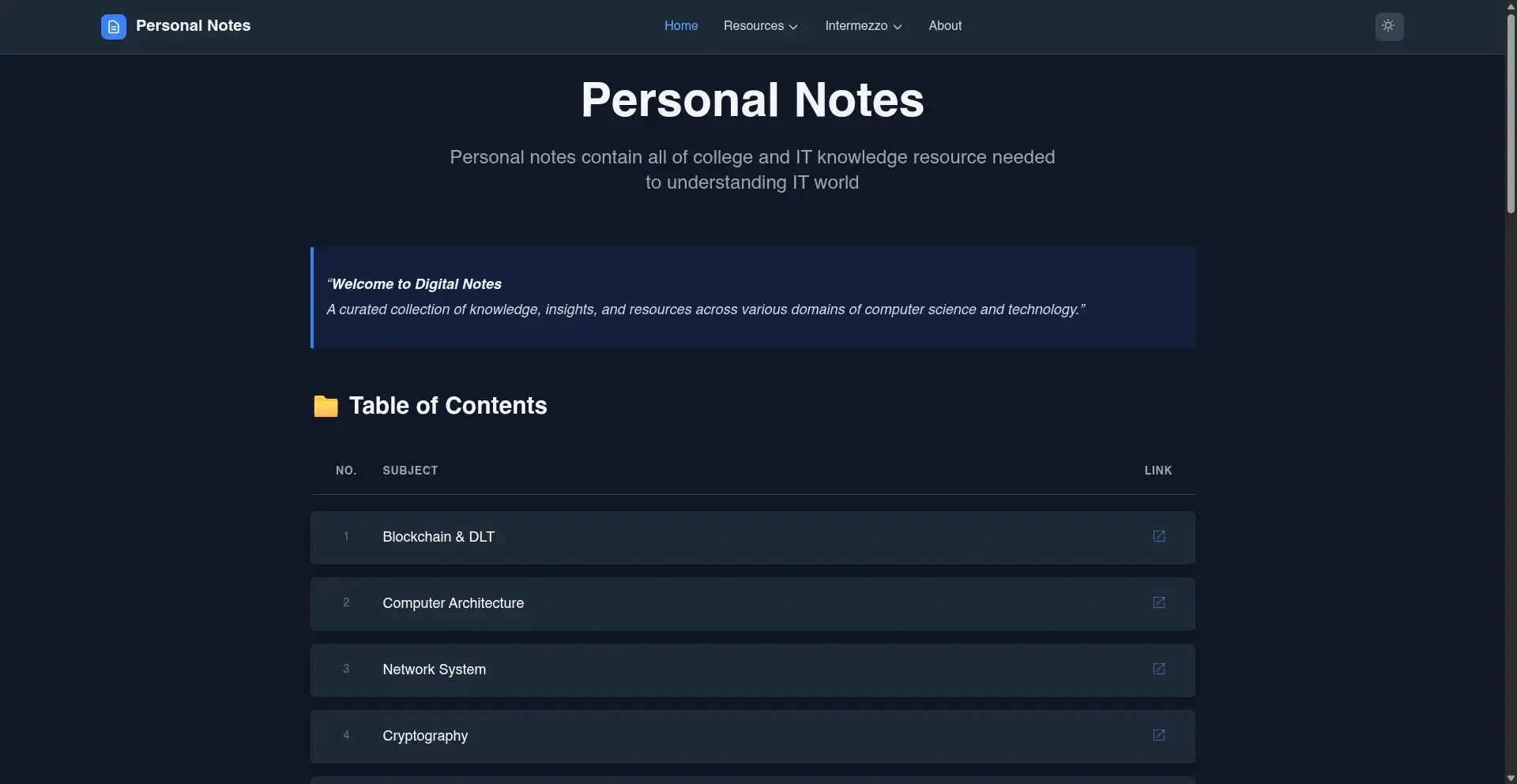 Personal notes homepage