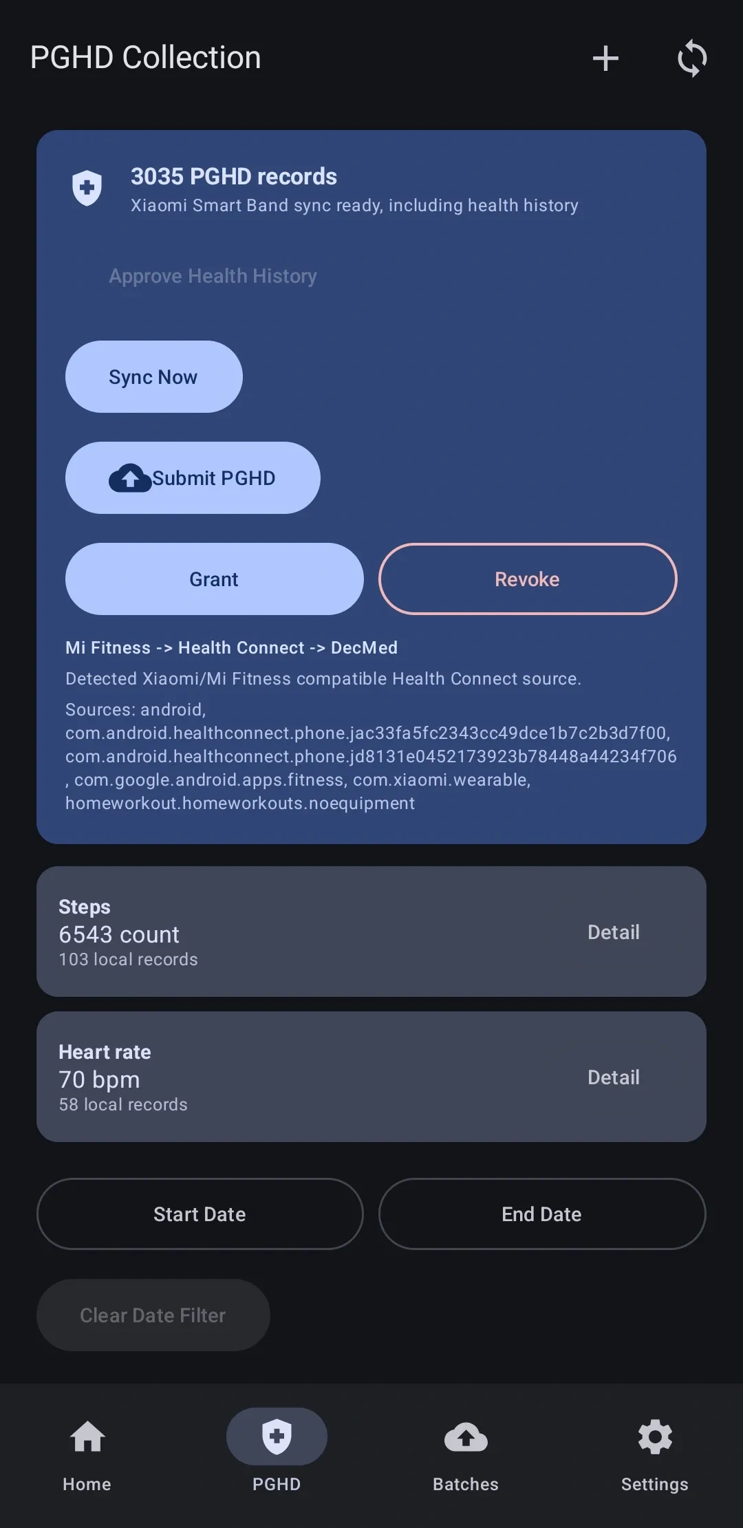 PGHD submit page, grant and revoke access in DecMed - PGHD mobile app for patient