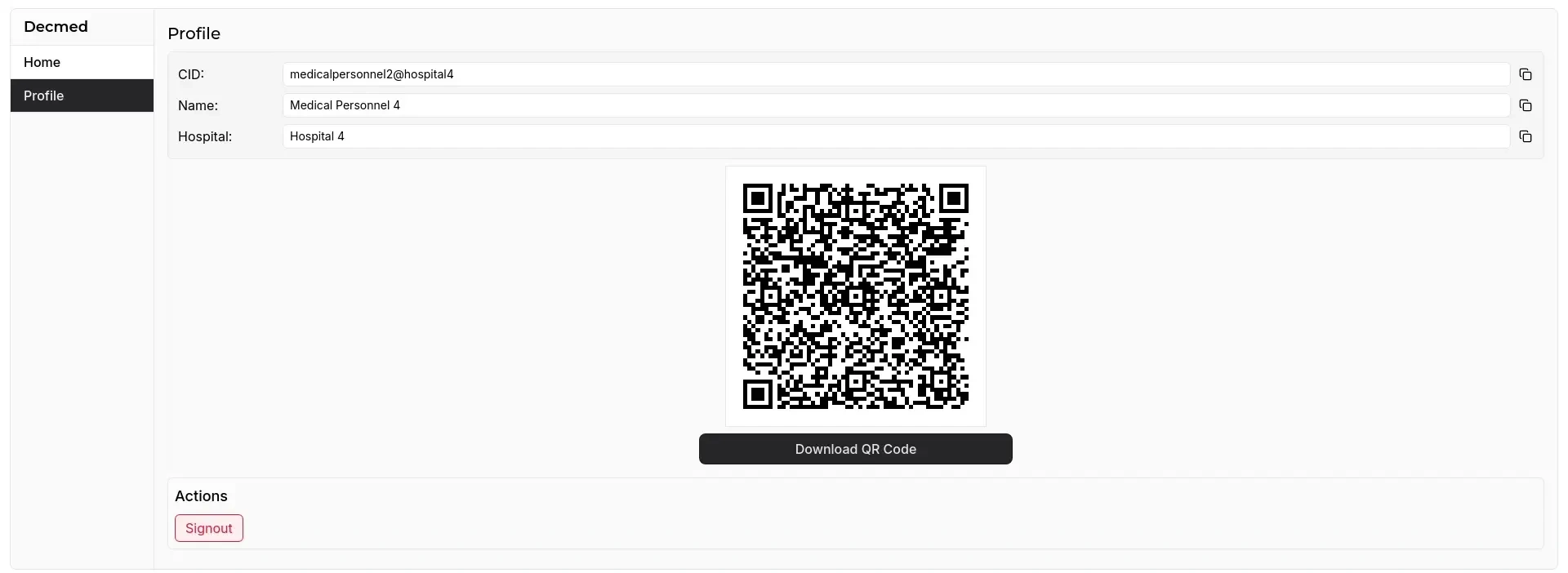 Hospital personnel profile page, including QR code for granting access towards patient's PGHD and medical record