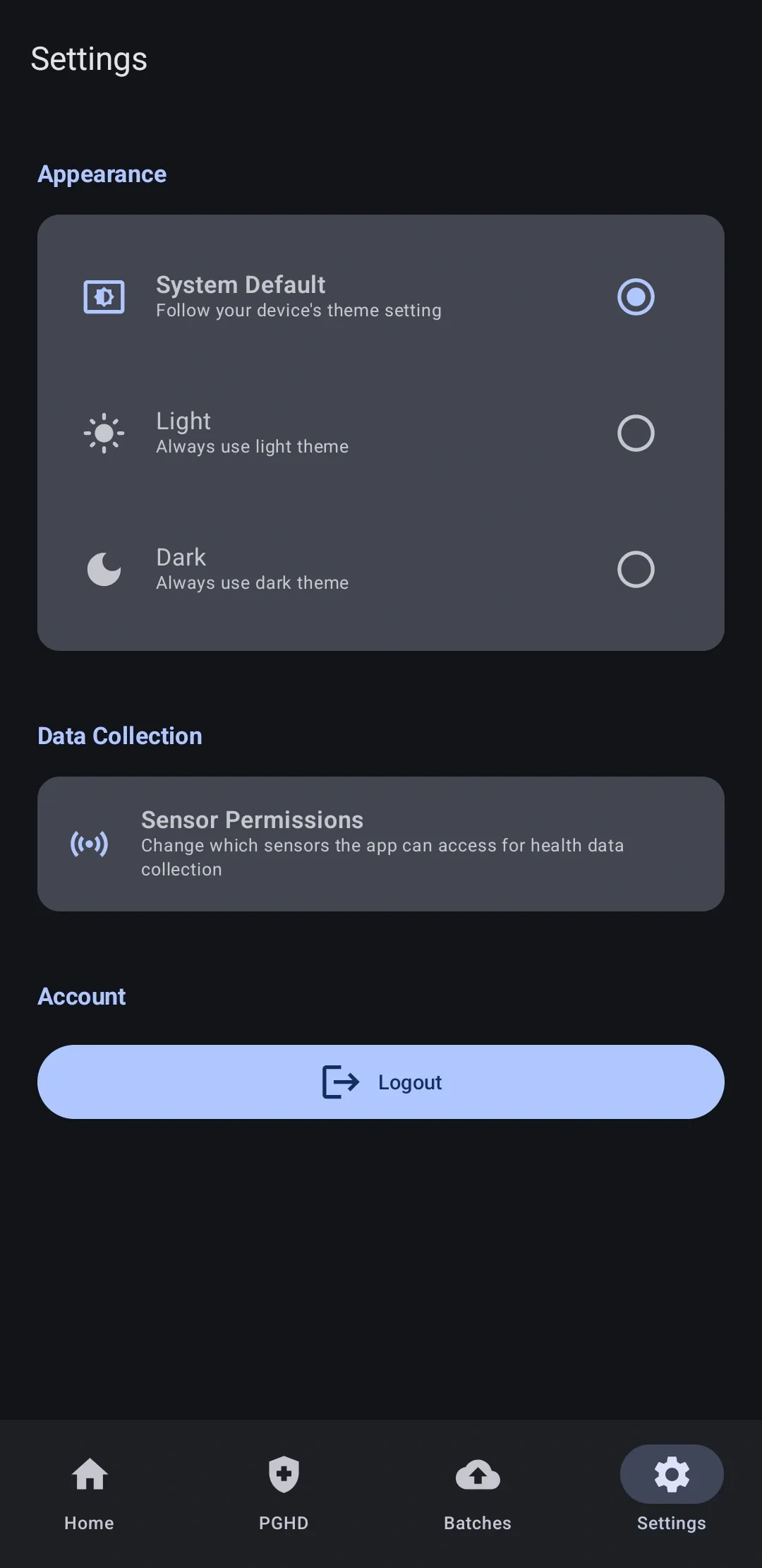 DecMed - PGHD mobile app for patient's settings page