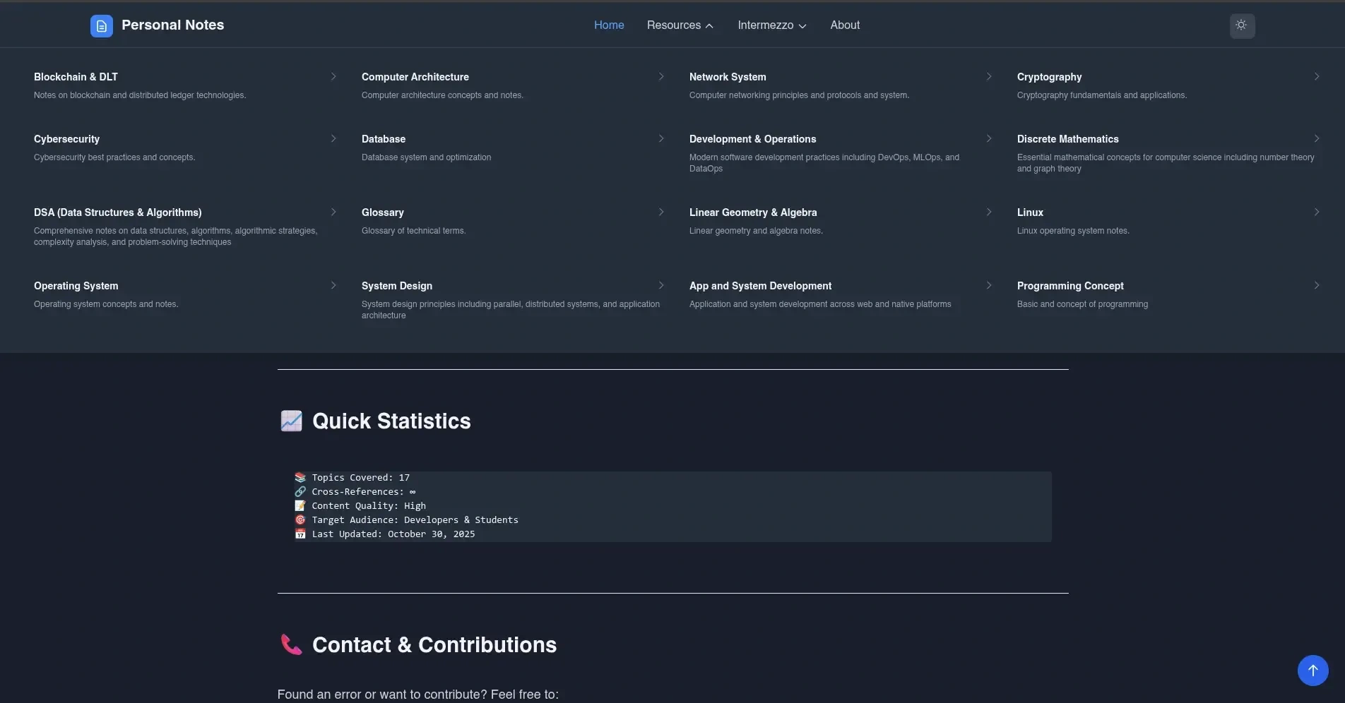 Personal notes navbar and home page