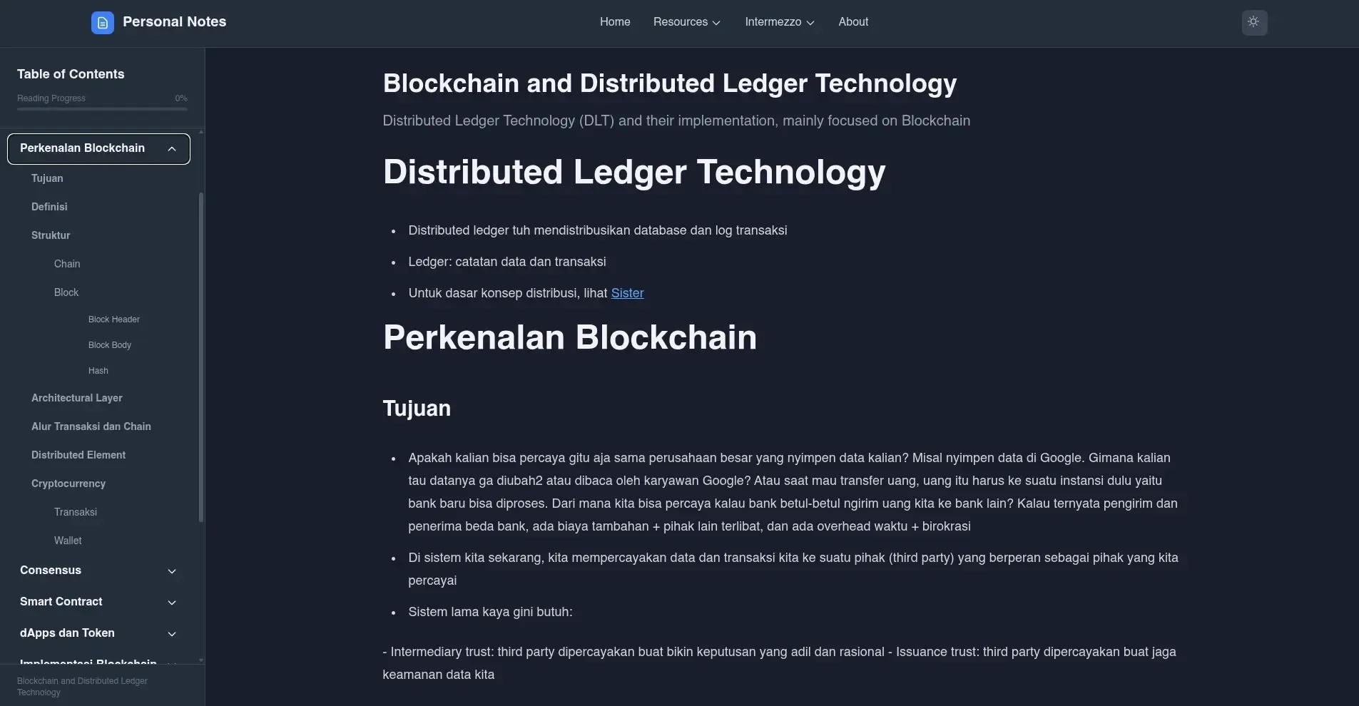 Personal notes page for blockchain and DLT notes in desktop site