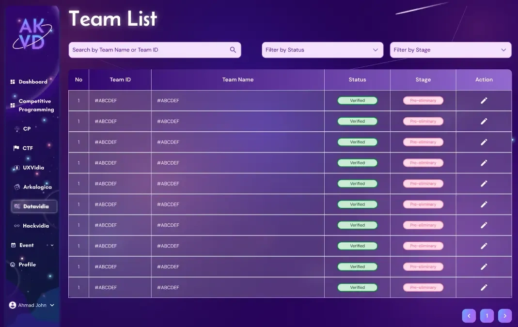 Admin dashboard for team list management