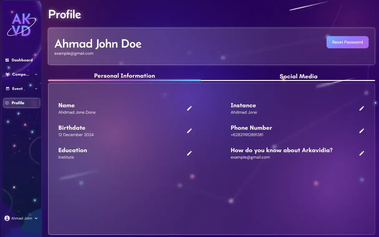 Profile page for user