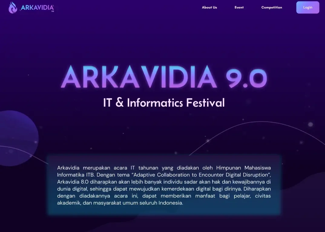 Main landing page of Arkavidia