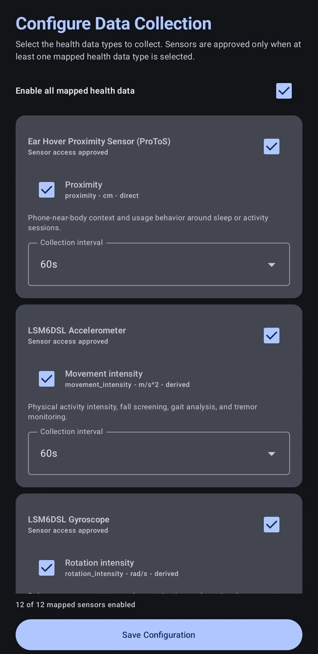 Configure sensors and data collections in DecMed - PGHD mobile app for patient