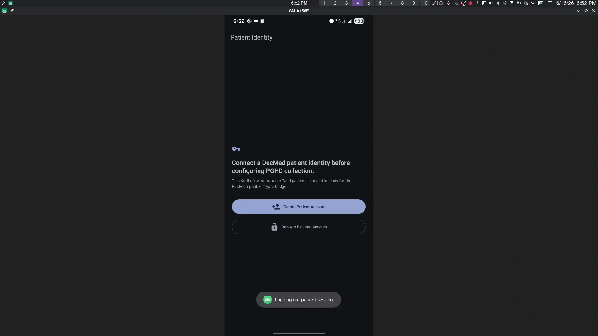 Initial page for DecMed - PGHD's patient mobile app before signed in